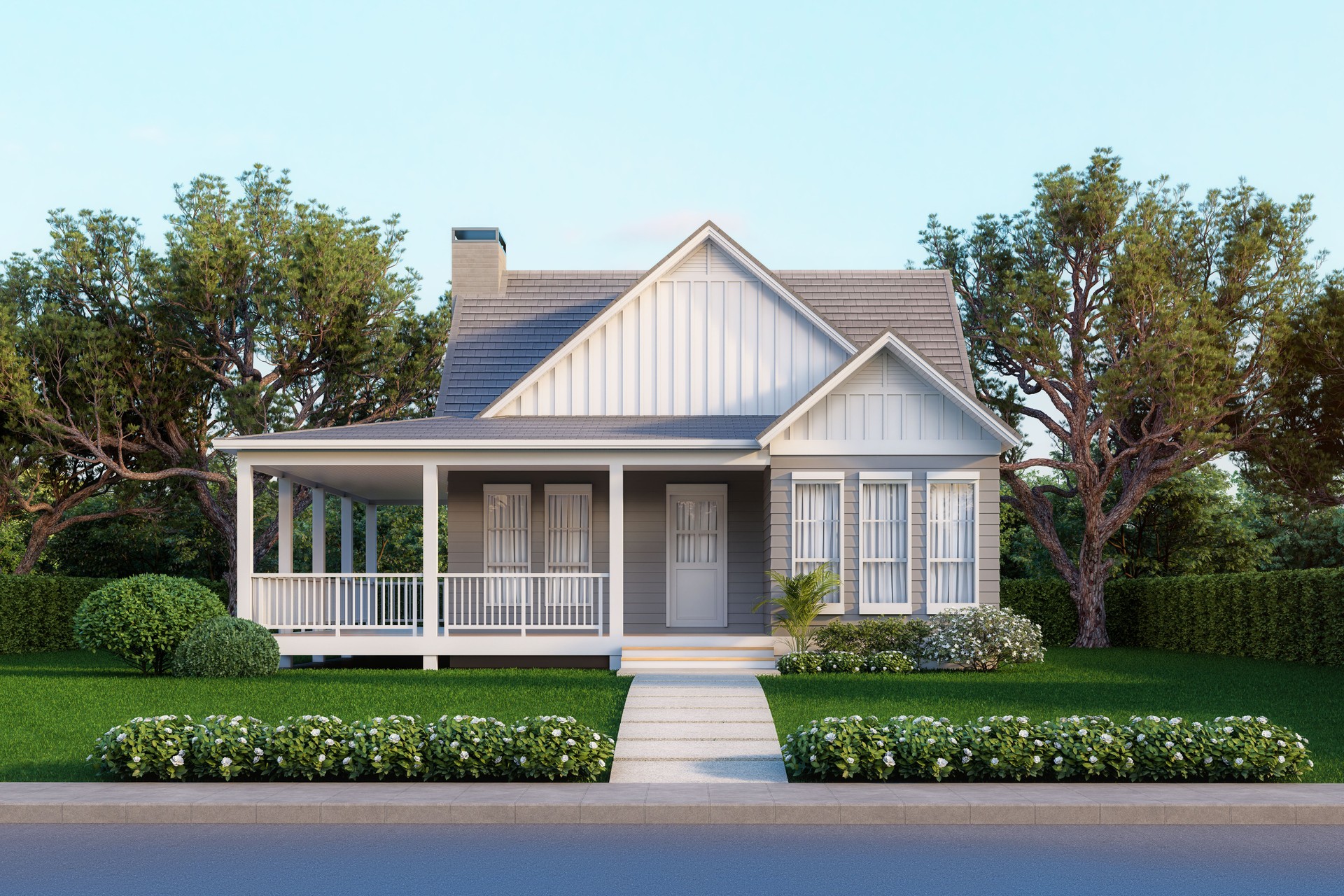 Modern style cottage tiny house on green lawn 3d render